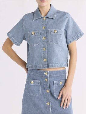 FREE ASSEMBLY Striped Denim Cropped Button-Up SET - TOP & SKIRT INCLUDED
